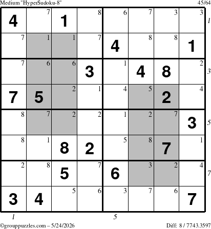 The grouppuzzles.com Medium HyperSudoku-8 puzzle for Sunday May 24, 2026, suitable for printing, with all 8 steps marked