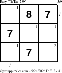 The grouppuzzles.com Easy TicTac-789 puzzle for Sunday May 24, 2026, suitable for printing, with all 2 steps marked