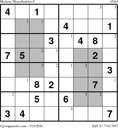 The grouppuzzles.com Medium HyperSudoku-8 puzzle for Sunday May 24, 2026 with the first 3 steps marked