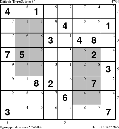 The grouppuzzles.com Difficult HyperSudoku-8 puzzle for Sunday May 24, 2026 with all 9 steps marked