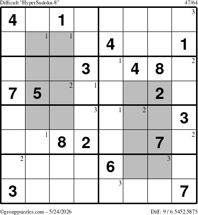The grouppuzzles.com Difficult HyperSudoku-8 puzzle for Sunday May 24, 2026 with the first 3 steps marked