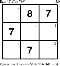 The grouppuzzles.com Easy TicTac-789 puzzle for Sunday May 24, 2026 with the first 2 steps marked