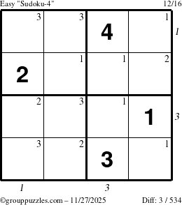 The grouppuzzles.com Easy Sudoku-4 puzzle for Thursday November 27, 2025, suitable for printing, with all 3 steps marked