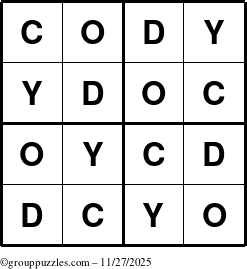 The grouppuzzles.com Answer grid for the Cody puzzle for Thursday November 27, 2025