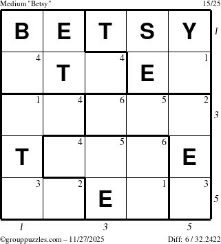 The grouppuzzles.com Medium Betsy puzzle for Thursday November 27, 2025, suitable for printing, with all 6 steps marked