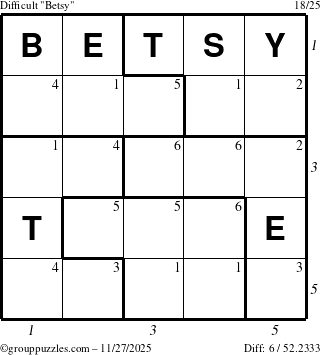 The grouppuzzles.com Difficult Betsy puzzle for Thursday November 27, 2025, suitable for printing, with all 6 steps marked