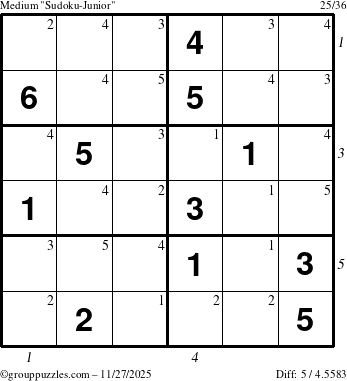 The grouppuzzles.com Medium Sudoku-Junior puzzle for Thursday November 27, 2025 with all 5 steps marked