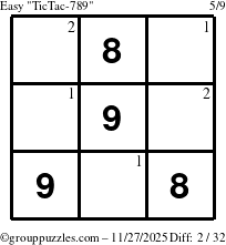 The grouppuzzles.com Easy TicTac-789 puzzle for Thursday November 27, 2025 with the first 2 steps marked