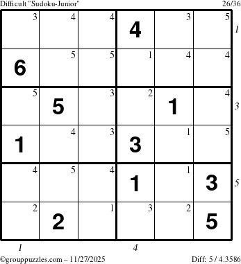 The grouppuzzles.com Difficult Sudoku-Junior puzzle for Thursday November 27, 2025 with all 5 steps marked