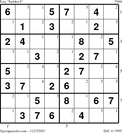 The grouppuzzles.com Easy Sudoku-8 puzzle for Thursday November 27, 2025 with all 4 steps marked