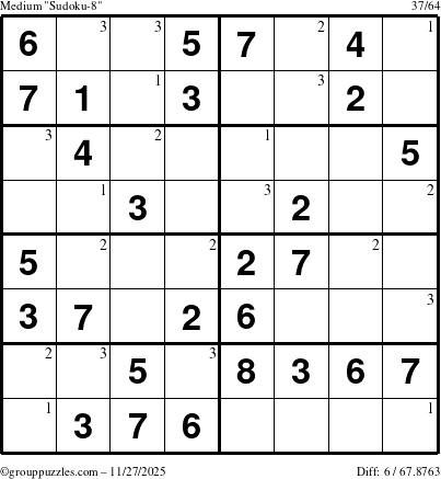 The grouppuzzles.com Medium Sudoku-8 puzzle for Thursday November 27, 2025 with the first 3 steps marked