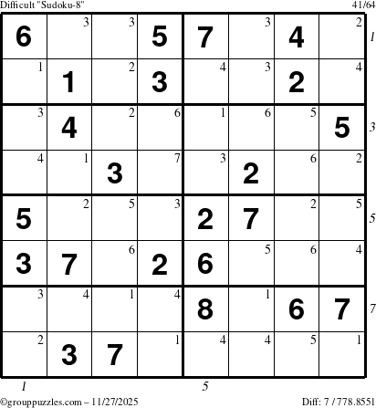 The grouppuzzles.com Difficult Sudoku-8 puzzle for Thursday November 27, 2025, suitable for printing, with all 7 steps marked