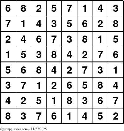 The grouppuzzles.com Answer grid for the Sudoku-8 puzzle for Thursday November 27, 2025