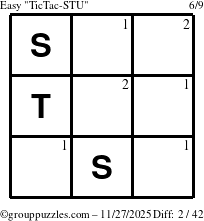 The grouppuzzles.com Easy TicTac-STU puzzle for Thursday November 27, 2025 with the first 2 steps marked