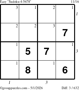 The grouppuzzles.com Easy Sudoku-4-5678 puzzle for Friday May 1, 2026 with all 3 steps marked