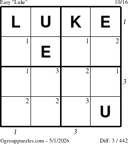 The grouppuzzles.com Easy Luke puzzle for Friday May 1, 2026, suitable for printing, with all 3 steps marked