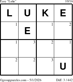The grouppuzzles.com Easy Luke puzzle for Friday May 1, 2026 with the first 3 steps marked