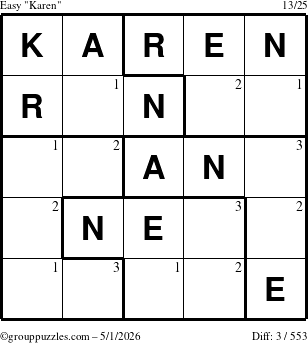 The grouppuzzles.com Easy Karen puzzle for Friday May 1, 2026 with the first 3 steps marked