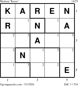 The grouppuzzles.com Medium Karen puzzle for Friday May 1, 2026 with all 3 steps marked