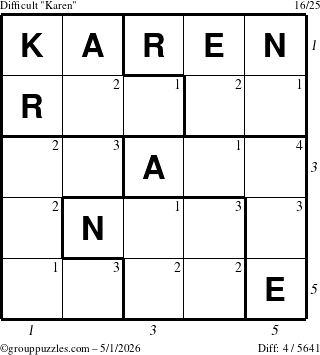 The grouppuzzles.com Difficult Karen puzzle for Friday May 1, 2026 with all 4 steps marked