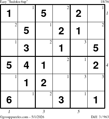 The grouppuzzles.com Easy Sudoku-6up puzzle for Friday May 1, 2026, suitable for printing, with all 3 steps marked