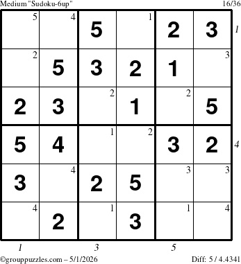 The grouppuzzles.com Medium Sudoku-6up puzzle for Friday May 1, 2026 with all 5 steps marked