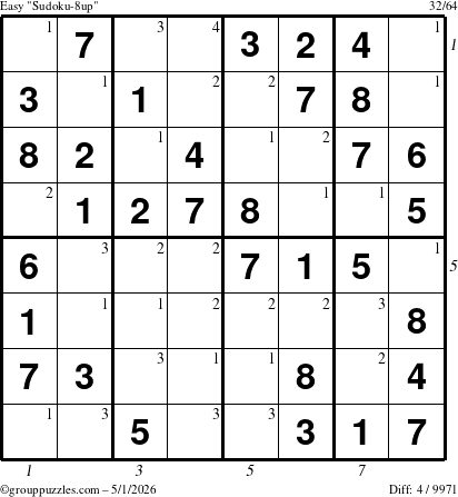 The grouppuzzles.com Easy Sudoku-8up puzzle for Friday May 1, 2026, suitable for printing, with all 4 steps marked