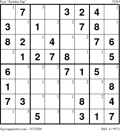 The grouppuzzles.com Easy Sudoku-8up puzzle for Friday May 1, 2026 with the first 3 steps marked