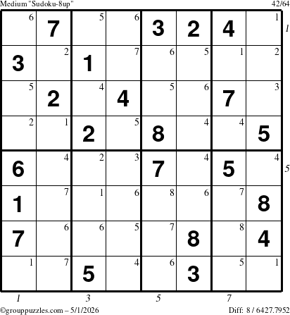 The grouppuzzles.com Medium Sudoku-8up puzzle for Friday May 1, 2026 with all 8 steps marked