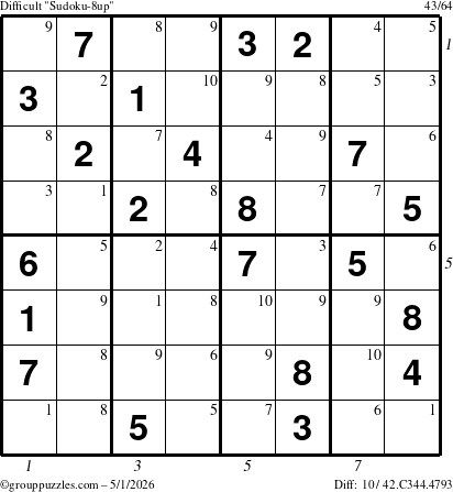 The grouppuzzles.com Difficult Sudoku-8up puzzle for Friday May 1, 2026 with all 10 steps marked