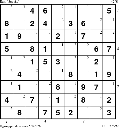 The grouppuzzles.com Easy Sudoku puzzle for Friday May 1, 2026 with all 3 steps marked