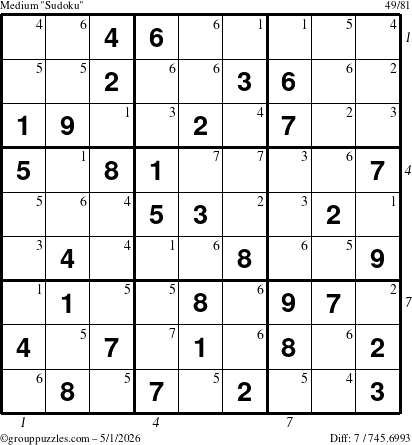 The grouppuzzles.com Medium Sudoku puzzle for Friday May 1, 2026, suitable for printing, with all 7 steps marked