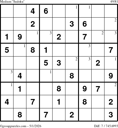 The grouppuzzles.com Medium Sudoku puzzle for Friday May 1, 2026 with the first 3 steps marked