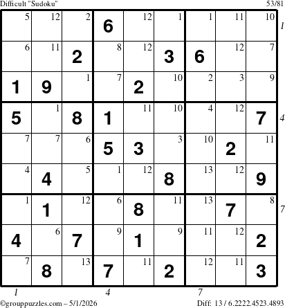 The grouppuzzles.com Difficult Sudoku puzzle for Friday May 1, 2026, suitable for printing, with all 13 steps marked