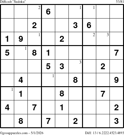 The grouppuzzles.com Difficult Sudoku puzzle for Friday May 1, 2026 with the first 3 steps marked