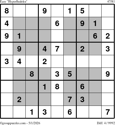 The grouppuzzles.com Easy HyperSudoku puzzle for Friday May 1, 2026