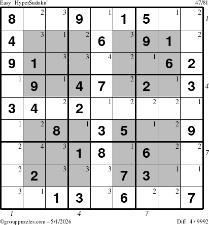 The grouppuzzles.com Easy HyperSudoku puzzle for Friday May 1, 2026, suitable for printing, with all 4 steps marked