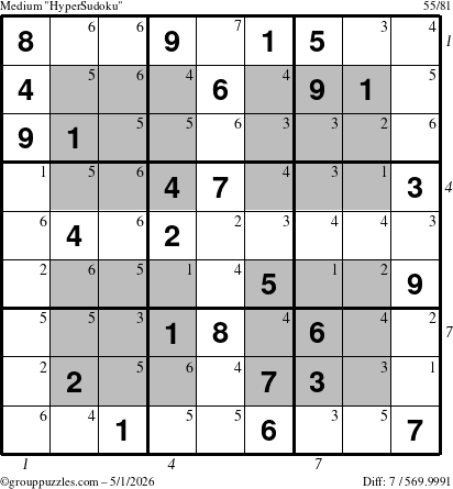 The grouppuzzles.com Medium HyperSudoku puzzle for Friday May 1, 2026 with all 7 steps marked