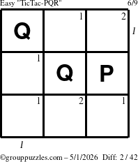 The grouppuzzles.com Easy TicTac-PQR puzzle for Friday May 1, 2026, suitable for printing, with all 2 steps marked