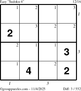 The grouppuzzles.com Easy Sudoku-4 puzzle for Tuesday November 4, 2025, suitable for printing, with all 3 steps marked