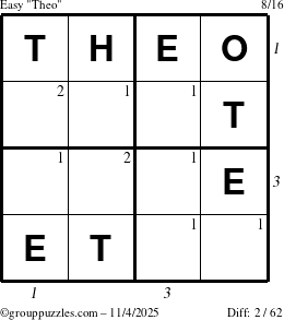 The grouppuzzles.com Easy Theo puzzle for Tuesday November 4, 2025 with all 2 steps marked