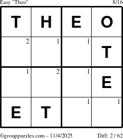 The grouppuzzles.com Easy Theo puzzle for Tuesday November 4, 2025 with the first 2 steps marked
