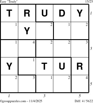 The grouppuzzles.com Easy Trudy puzzle for Tuesday November 4, 2025, suitable for printing, with all 4 steps marked