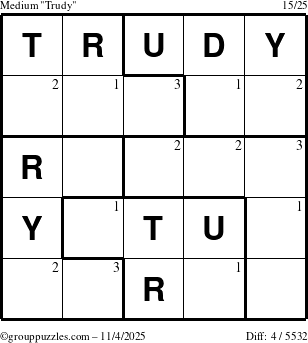 The grouppuzzles.com Medium Trudy puzzle for Tuesday November 4, 2025 with the first 3 steps marked