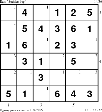 The grouppuzzles.com Easy Sudoku-6up puzzle for Tuesday November 4, 2025, suitable for printing, with all 3 steps marked