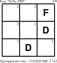 The grouppuzzles.com Easy TicTac-DEF puzzle for Tuesday November 4, 2025 with the first 2 steps marked