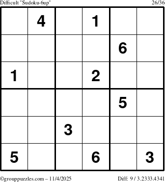 The grouppuzzles.com Difficult Sudoku-6up puzzle for Tuesday November 4, 2025