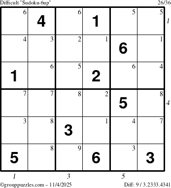 The grouppuzzles.com Difficult Sudoku-6up puzzle for Tuesday November 4, 2025 with all 9 steps marked