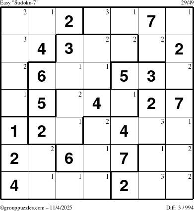The grouppuzzles.com Easy Sudoku-7 puzzle for Tuesday November 4, 2025 with the first 3 steps marked