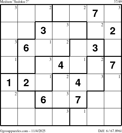 The grouppuzzles.com Medium Sudoku-7 puzzle for Tuesday November 4, 2025 with the first 3 steps marked